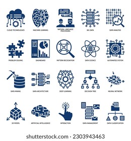 Künstliche neuronale Netzwerk-Symbol im Stil von glyph gesetzt. Maschinelles Lernen, ai-Symbole. Vektorgrafik.