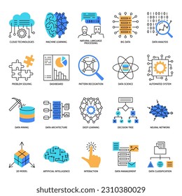 Artificial neural network icon set in line style. Computing system symbols. Vector illustration.