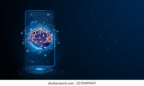 Artificial neural network or artificial intelligence brain floating in front of a smartphone. Digital brain science concepts for future learning. modern technology innovation concept background
