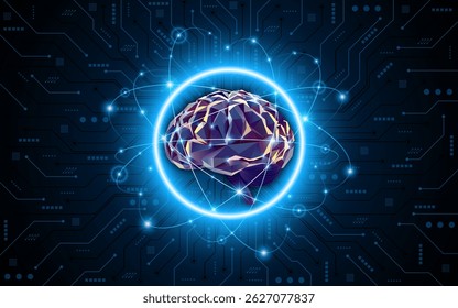 Rede neural artificial ou cérebro de inteligência artificial com placa de circuito de tecnologia. Ciência do cérebro digital para a aprendizagem futura. tecnologia moderna inovação conceito fundo	