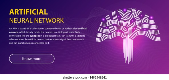 Artificial neural network presented as AI tree with connected lines based on a collection of connected units or nodes. Web template with header, button and text fields. Vector illustration. Line art.