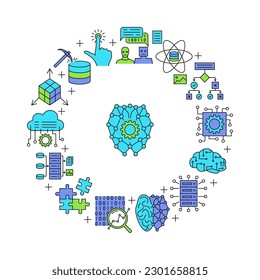 Artificial neural network round banner in colored line style. Machine learning, data science symbols. Vector illustration.
