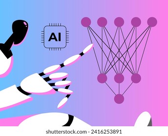 Red neuronal artificial de avance. Sistema de procesamiento de datos computacional de autoaprendizaje con AI Robot. Tecnologías modernas de aprendizaje profundo de máquinas. Ilustración vectorial plana