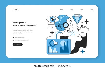 Artificial neural network training with a reinforcement or feedback web banner or landing page. Self-learning computing system for data processing. Deep machine learning. Flat vector illustration