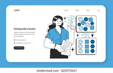 Artificial neural network training with a teacher web banner or landing page. Self-learning computing system for data processing. Deep machine learning modern technology. Flat vector illustration