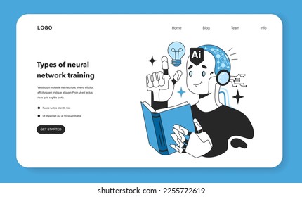 Artificial neural network training types web banner or landing page. Self-learning computing system for data processing. Deep machine learning modern technology. Flat vector illustration