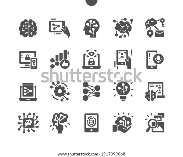 Artificial neural network. User recognition.\
Machine learning. Fingerprint recognition. Innovation,\
intelligence, smart, machine and processor. Vector Solid Icons.\
Simple Pictogram