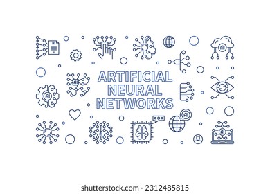 Künstliche neuronale Netze Konzept dünnen Linie horizontalen minimalen Banner. Vektorgrafik von AI-Netzwerken 