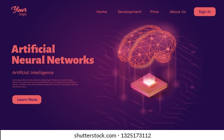 Artificial neural networks landing web page template. Bran and computer chip concept. Machine learning structure. Artificial intelligence isometric vector illustration.