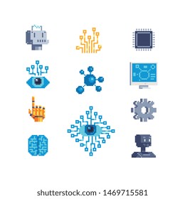 Artificial Neuron Network, Pixel Art Icons Set. Artificial Intelligence. Android, Robot, Neural Networks. Design For Logo, Stickers, Web, Mobile App. Isolated Vector Illustration.