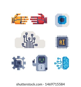 Artificial neuron network, pixel art icons set. Artificial Intelligence. Android, humanoid Robot. Design for logo, stickers, web, mobile app. Isolated vector illustration.
