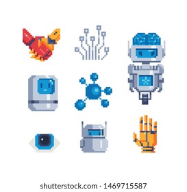 Artificial neuron network, pixel art icons set. Artificial Intelligence. Android, Humanoid Robot. Design for logo, stickers, web, mobile app. Isolated vector illustration.