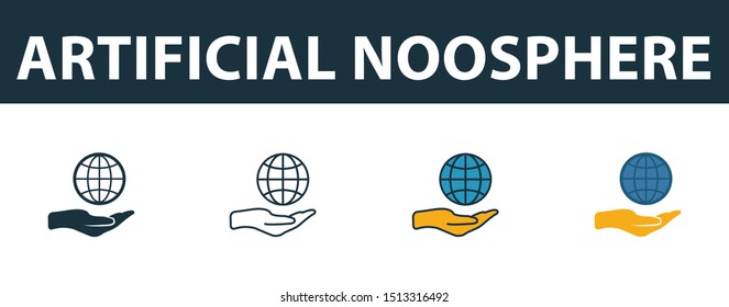 Artificial Noosphere icon set. Premium simple element in different styles from fintech technology icons collection. Set of artificial noosphere icon in filled, outline, colored and flat symbols.