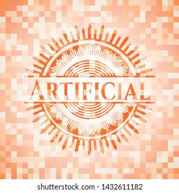 Artificial orange tile background illustration. Square geometric mosaic seamless pattern with emblem inside.