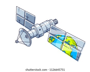Artificial orbital satellite floating in weightlessness and reflecting earth in solar panels like in the mirror, science and communication technology. Thin line 3d vector illustration.