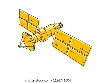 Artificial orbital satellite floating in weightlessness in open space, spacecraft space station, science and communication technology. Thin line 3d vector illustration isolated on white background.