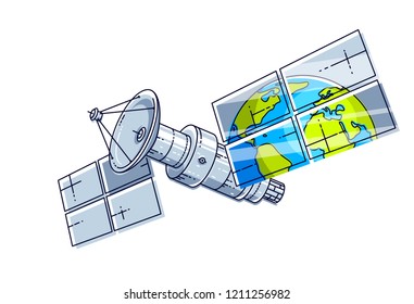 Artificial orbital satellite floating in weightlessness and reflecting earth in solar panels like in the mirror, science and communication technology. Thin line 3d vector illustration.
