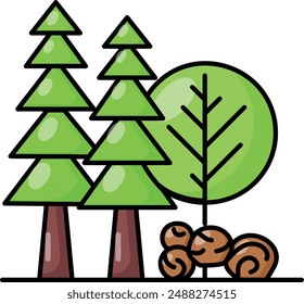 Artificial Pine Trees Forest concept, growing trees on farmlands for commercial vector outline design, timber and lumber Symbol, forest Deforestation products Sign,mill yard saw works illustration