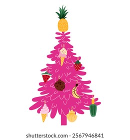 Artificial pink Christmas tree with tropical decorations. Seashells, fruits, ice cream, starfish are used as objects. Separate elements printed products for gifts and postcards. Celebrating Christmas