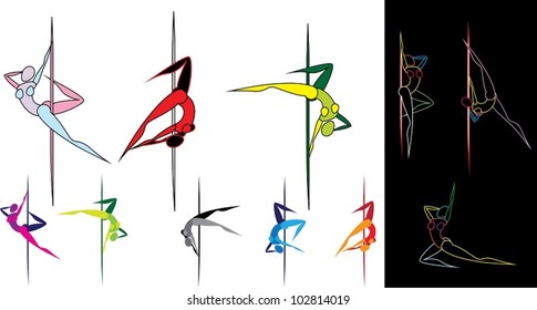 Artificial poledancers. The vector illustration of artifical pole dancers in different poses on poles.