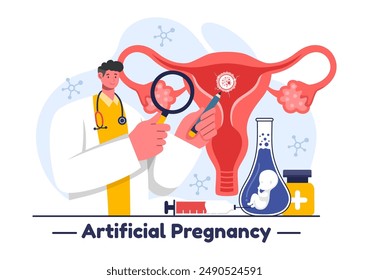 Ilustración vectorial artificial del embarazo con la pareja después del prendimiento exitoso del embrión y la salud reproductiva en un fondo plano de la historieta