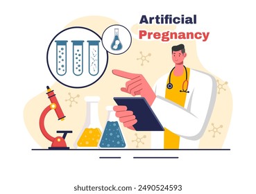 Ilustración vectorial artificial del embarazo con la pareja después del prendimiento exitoso del embrión y la salud reproductiva en un fondo plano de la historieta