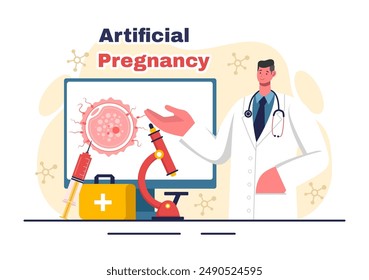 Ilustración vectorial artificial del embarazo con la pareja después del prendimiento exitoso del embrión y la salud reproductiva en un fondo plano de la historieta