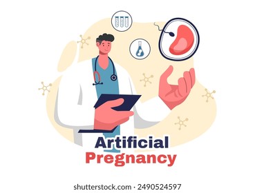 Ilustración vectorial artificial del embarazo con la pareja después del prendimiento exitoso del embrión y la salud reproductiva en un fondo plano de la historieta