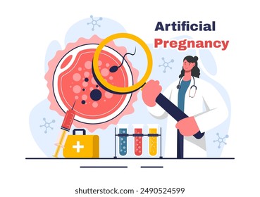 Ilustración vectorial artificial del embarazo con la pareja después del prendimiento exitoso del embrión y la salud reproductiva en un fondo plano de la historieta