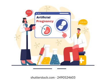 Ilustración vectorial artificial del embarazo con la pareja después del prendimiento exitoso del embrión y la salud reproductiva en un fondo plano de la historieta