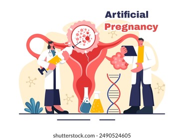 Ilustración vectorial artificial del embarazo con la pareja después del prendimiento exitoso del embrión y la salud reproductiva en un fondo plano de la historieta