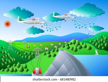 Artificial rain enhancement, Cloud seeding can be done by plane, Vector and  illustration.