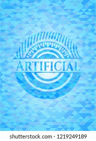 Artificial realistic light blue emblem. Mosaic background