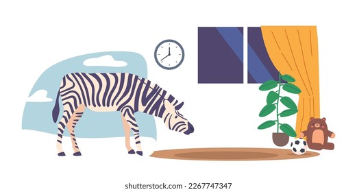 Artificial Reality Zebra Standing In An Indoor Room Setting. Concept of Virtual Reality Technology, Artificial Intelligence Experience of Nature and Animals Learning. Cartoon Vector Illustration