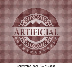 Artificial red emblem or badge with abstract geometric pattern background. Seamless.