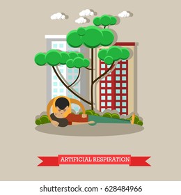 Artificial respiration vector illustration. Young man applying first aid to woman suffering from heart attack. Pulmonary ventilation or mouth-to-mouth resuscitation flat style design element.