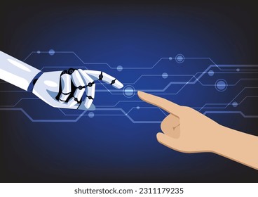 Artificial robot hand touch human hand. Symbol of connection and interaction. Artificial Intelligence. Vector illustration