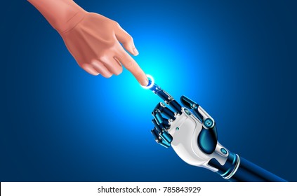 Artificial Robot Hand Touch Human Hand. Symbol Of Connection And Interaction, People And Artificial Intelligence. Hands With Index Fingers. Science, Future Technology, Progress, Industrial 4.0 Concept