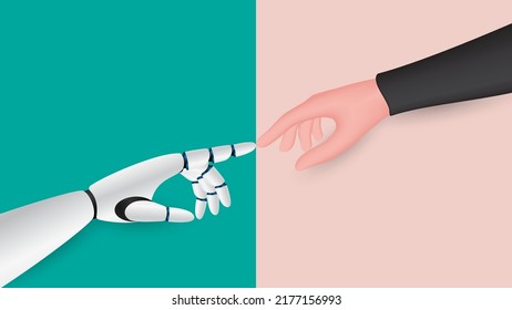 Künstliche Roboterhand berührt eine menschliche Hand.