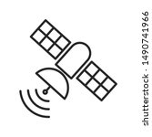 Artificial satelite in orbit around earth. Flat style. On white background. Thin line.