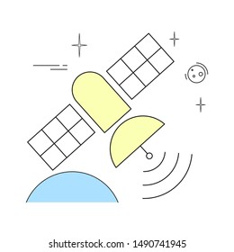 Artificial satelite in orbit around earth. Flat style. On white background. Thin line.