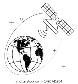 Artificial satelite in orbit around earth. Flat style. On white background. Thin line.