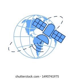 Artificial satelite in orbit around earth. Flat style. On white background. Thin line.