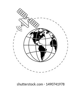 Artificial satelite in orbit around earth. Flat style. On white background. Thin line.