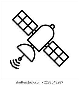 Artificial satelite in orbit around earth. Flat style. On white background. Thin line.