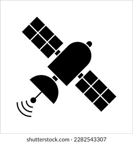 Artificial satelite in orbit around earth. Flat style. On white background. Thin line.