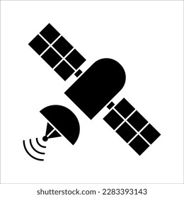 Artificial satelite in orbit around earth. Flat style. On white background. Thin line.