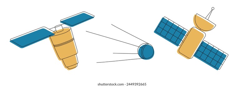 Artificial satelite in orbit around earth. Flat style. On white background. Thin line.