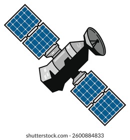 Artificial satellite amplifying radio telecommunication signals for smart city communications. Isometric vector illustration showcasing advanced technology for urban connectivity.