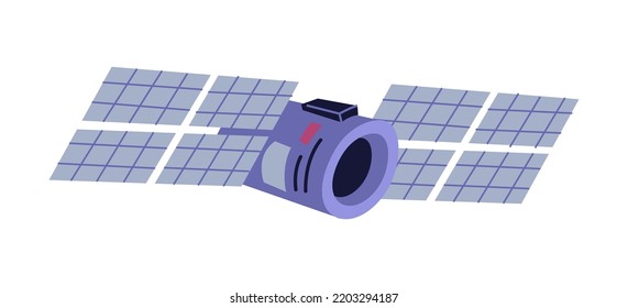 Artificial satellite exploring and discovering Earth and space, universe and galaxy. Manmade object studying surface of planet. Vector in flat cartoon style